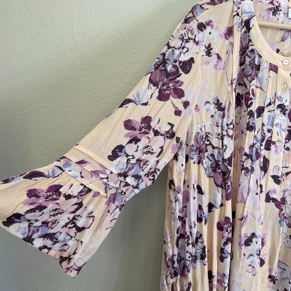 J Jill Womens XL Purple Floral Pleated Button Front Tunic Top Bell Sleeve Blouse - Picture 10 of 13